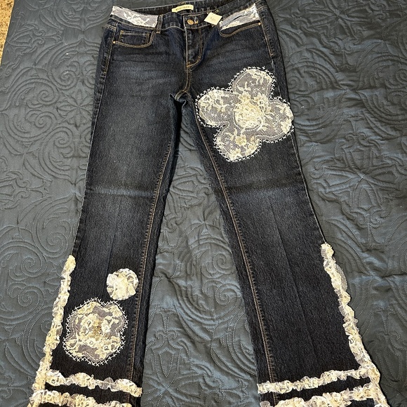Dark Denim Boho Jeans with Flower Print - Picture 1 of 7